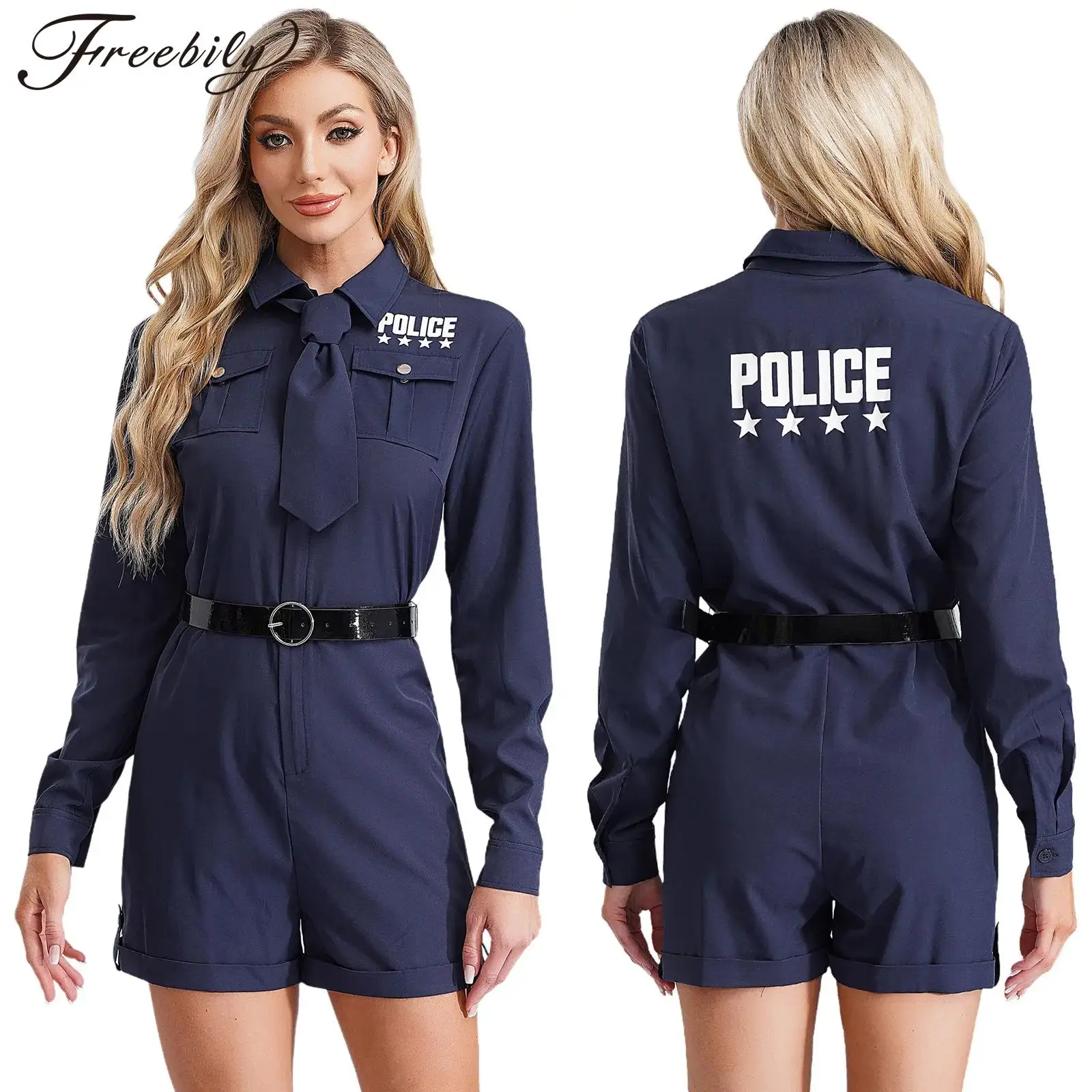 Mulheres sujas policial uniforme da polícia halloween policiais cosplay traje lapela gola manga longa zíper bodysuit com cinto de gravata