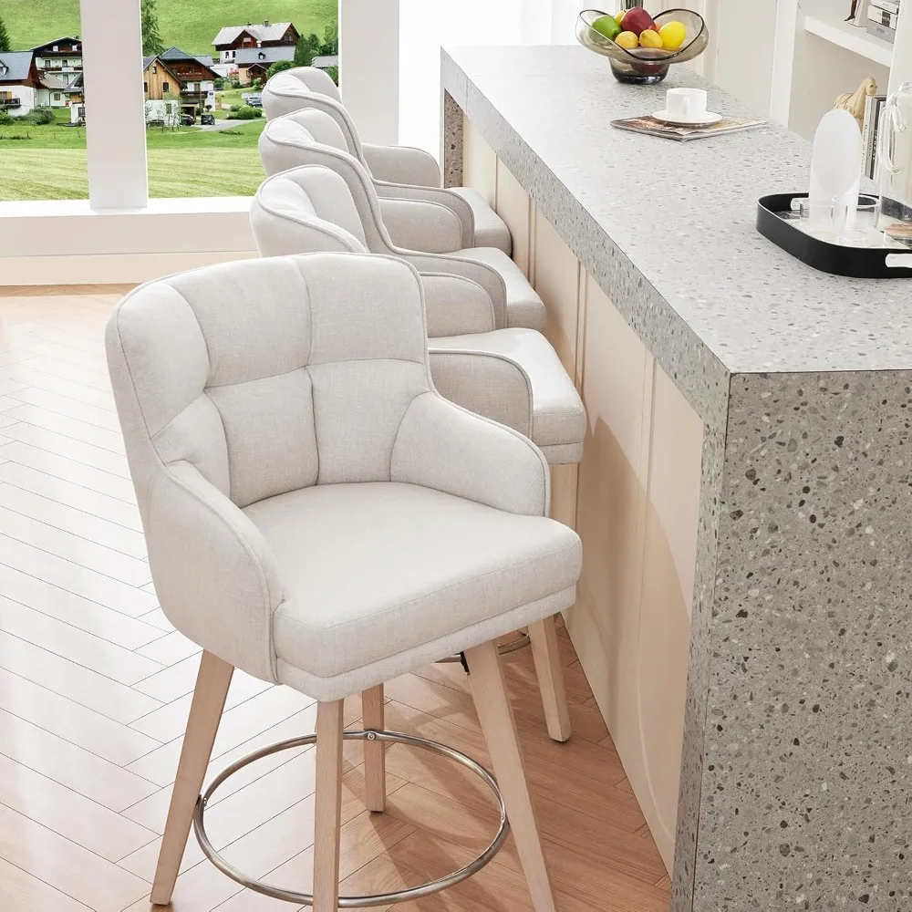360°Swivel Counter Height Bar Stools with Back, 26 inch Solid Wood Legs, Bar Stool Modern Kitchen Island Chairs, Fabric