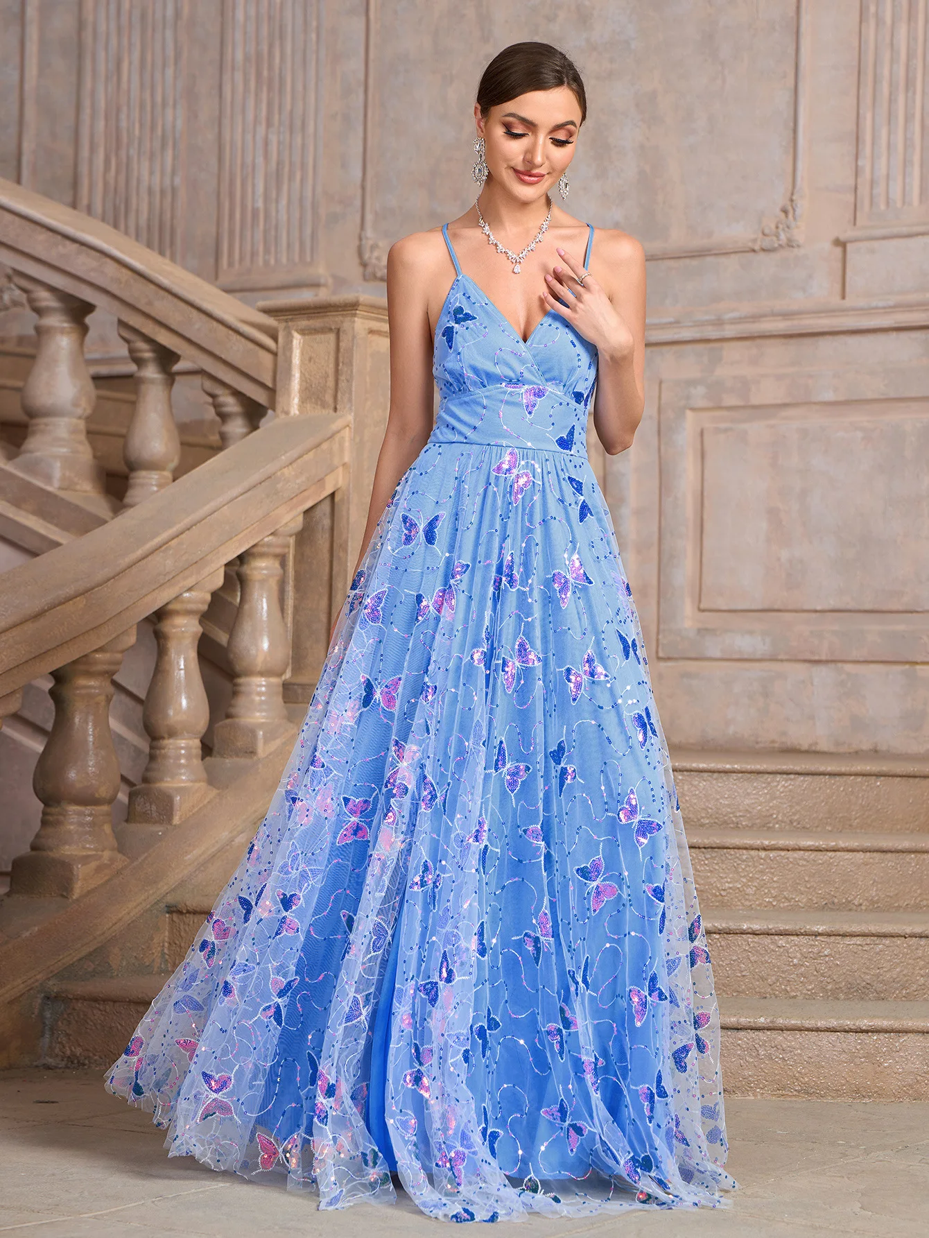 2024 Elegant Evening Party Dress Prom Dresses Blue 3D Butterfly Shiny Love Tulle Floor Length Wedding Party Graduation Dress