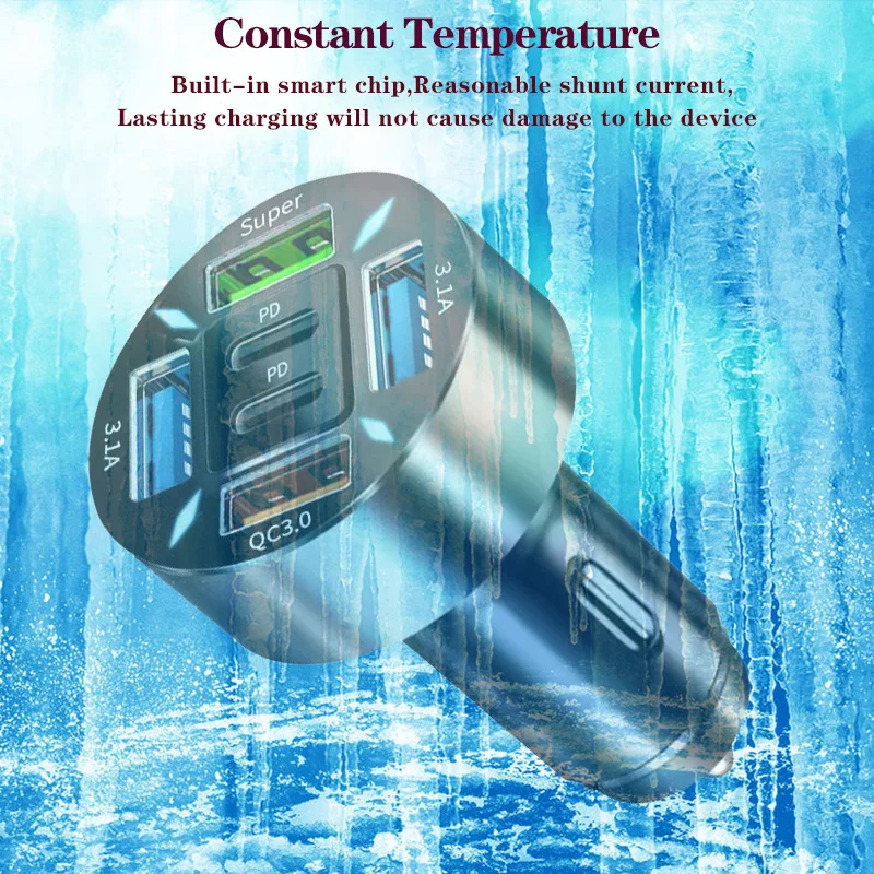 66W 6Port USB+PD Car Super Fast charger QC30/PD for HUAWEI/IPHONE/SAMSUNG/XIAOMI/VIVO fast charging cigarette lighter adapter