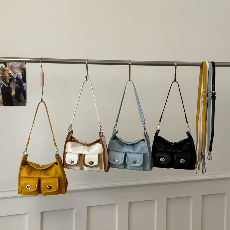 Branded Hobo Double-pocket Shoulder Bag High-end Oil-waxed Leather Women's Underarm Bag Large Capacity Commuter Crossbody Bag