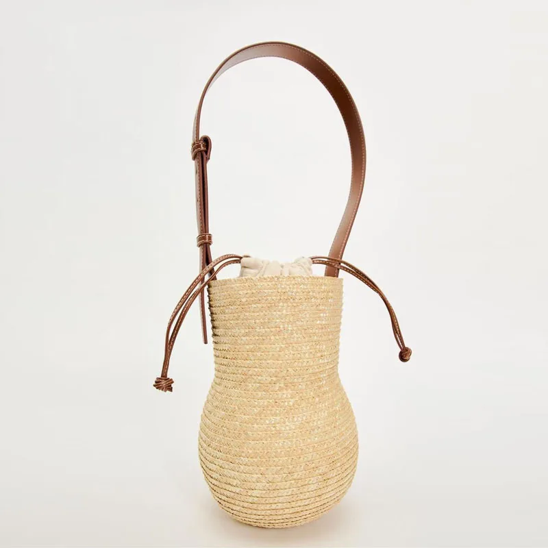 Bohemian Straw Bucket Bags For Women Luxury Designer Handbag Purse 2024 New In Papyrus Woven Gourd Shape Underarm Beach Shoulde