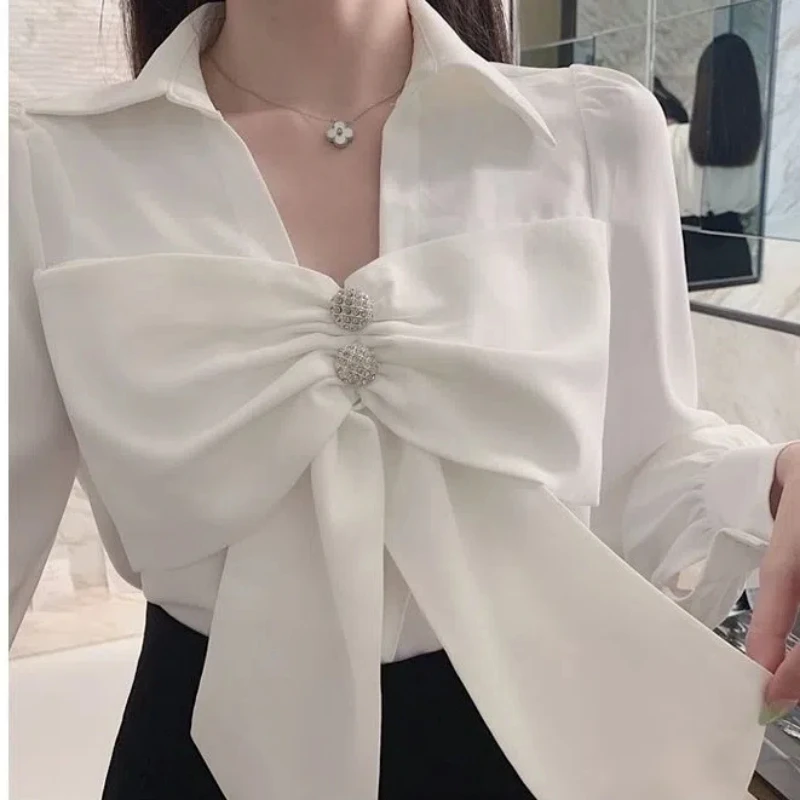 Spring Autumn New Fashion V-neck Long Sleeve Solid Color Blouses Women\'s Clothing Korean Bow Embroidered Flares Simplicity Shirt