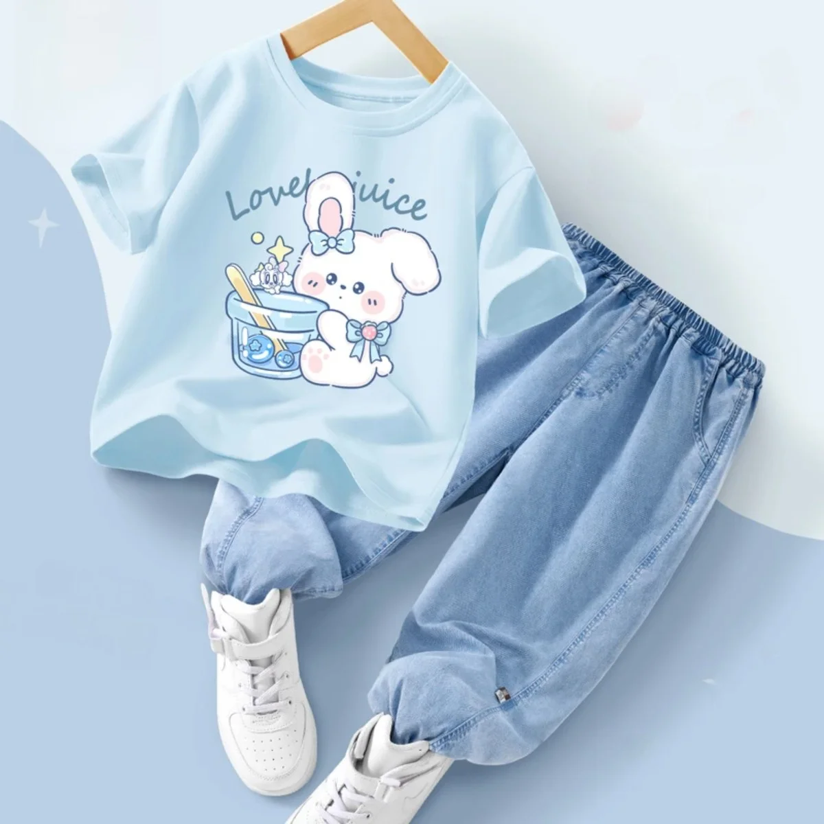 bobdog-女の子用夏服かわいいファッショナブルなデニムセット通気性のある薄い綿の-t-シャツとパンツカジュアルスタイル子供服