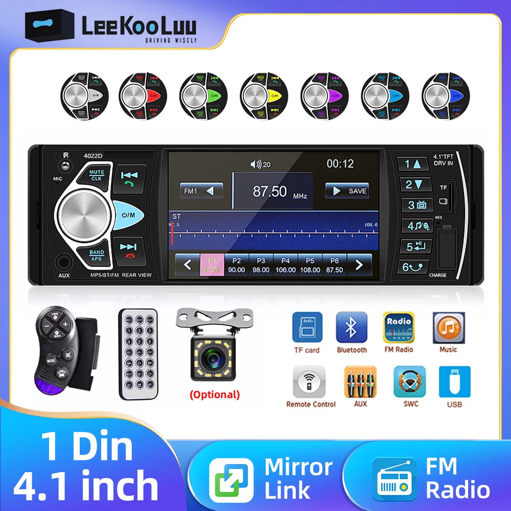 LeeKooLuu Autoradio 4.1'' Car Radio 1Din Audio Stereo FM Bluetooth Steer Wheel Remote Control Universal 1 Din Multimedia Player