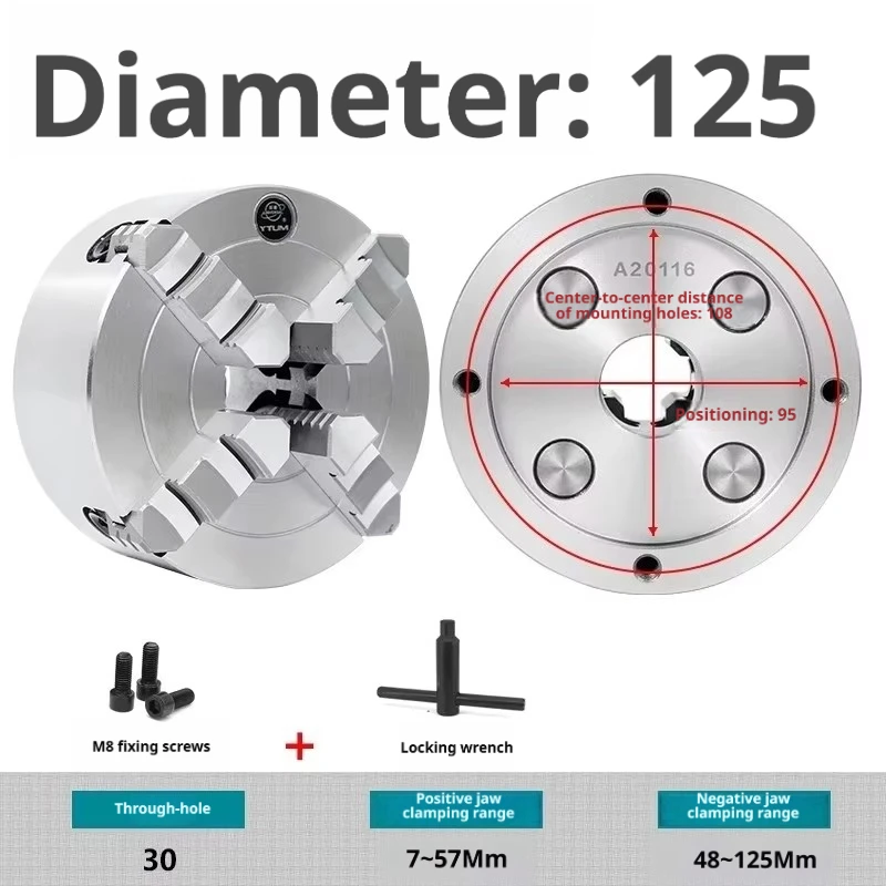 Four Jaw Single Action Chuck K72 125mm 30 Through-hole, 7-57mm Positive Jaw 48-125mm Reverse Jaw, Lathe Manual Chuck