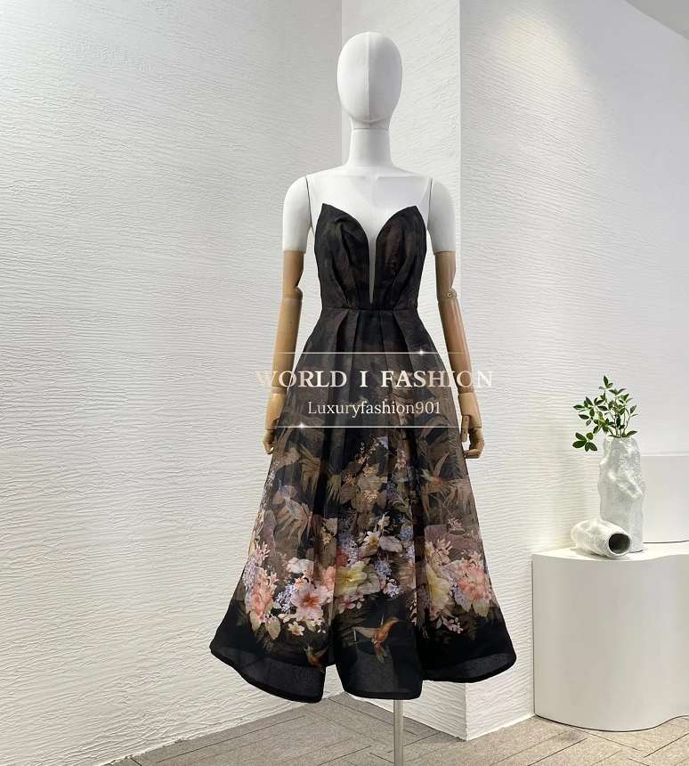 

Black High Quality Elegant Women 2025 New Linen Silk Beach Style Sleeveless Strapless Floral Print Midi Dresses