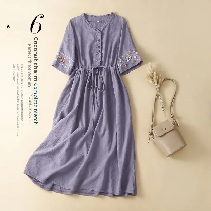 Retro japonês algodão linho Dr feminino solto Ele bordado anti-envelhecimento longo verão Dr cor pura commute Sle V-Ne...