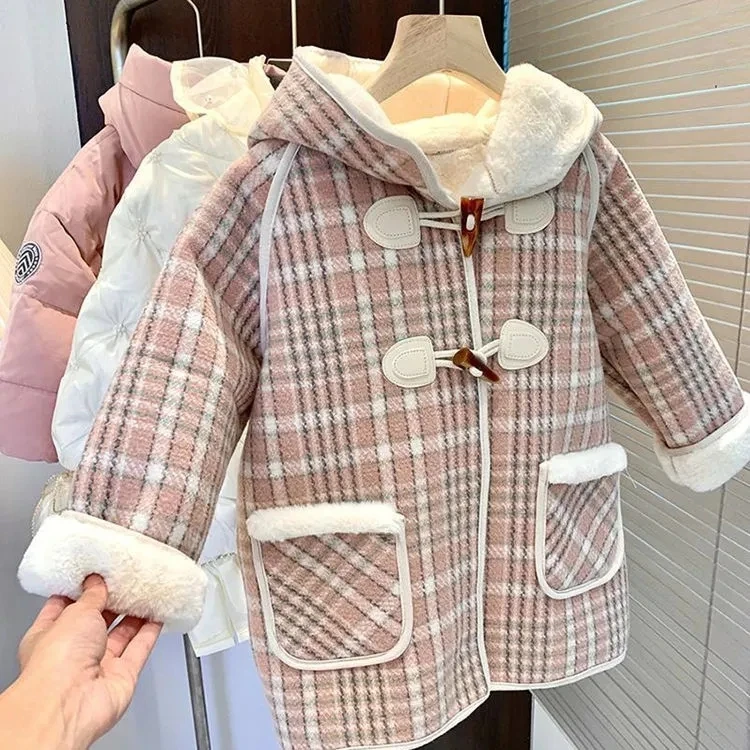 Fotografia 3: Casaco de lã xadrez com capuz para meninas – Jaqueta de inverno para 2 a 9 anos, agasalhos infantis aconchegantes para bebês e meninas