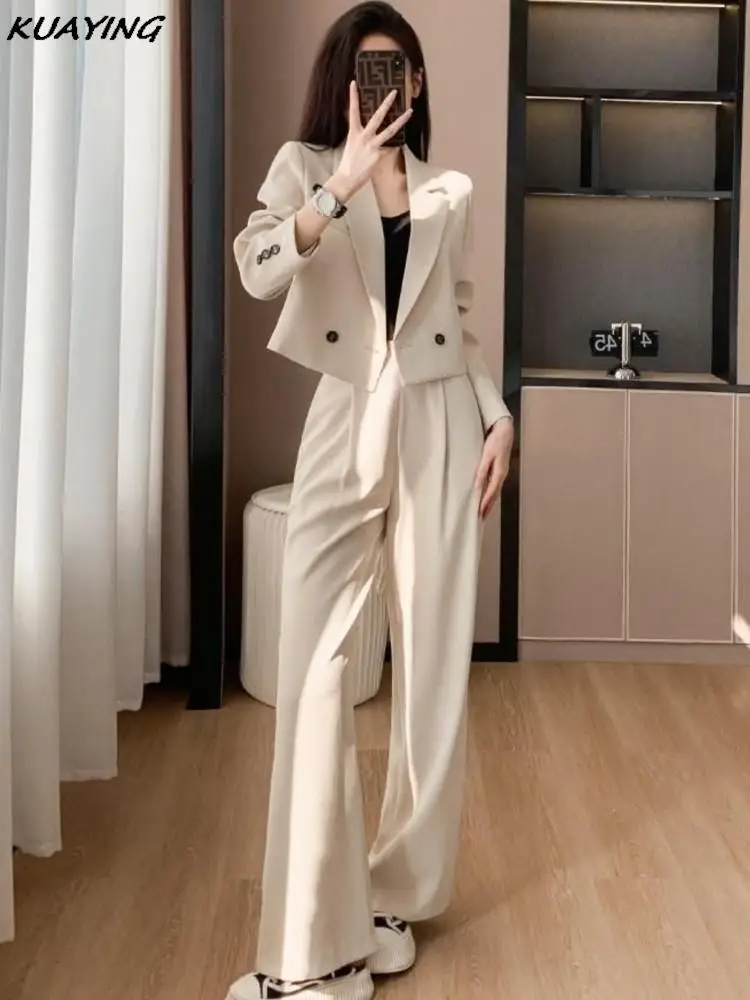 

Women's Suits Pants Sets Elegant Vintage Crop Blazer Jackets + Casual Business Solid Trousers Two Pieces Set Female Clothing New