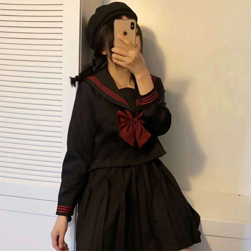 Japanese School Uniform Suit Sailor JK S-2XL Basic Cartoon Girl Navy Sailor Uniform Black Sets Navy Costume Women Girl Costume