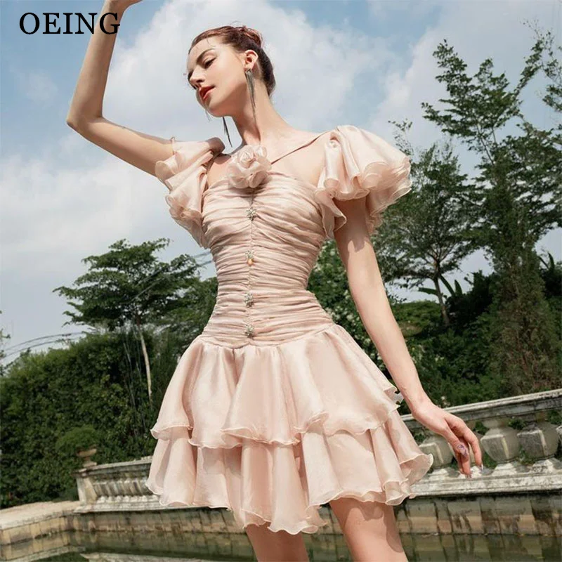 

OEING A-Line Light Pink Prom Dress Pleats Appliques Square Collar Party Gowns Mini Short Organza Dress 2025 Customized