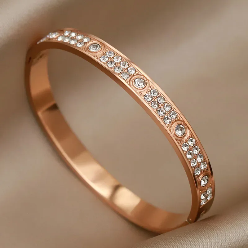 Stainless Steel 18K PVD Plated Classic Crystal Bracelets for Women Fashion Brand Jewelry Elegant Golden Bangles Accessories view 3