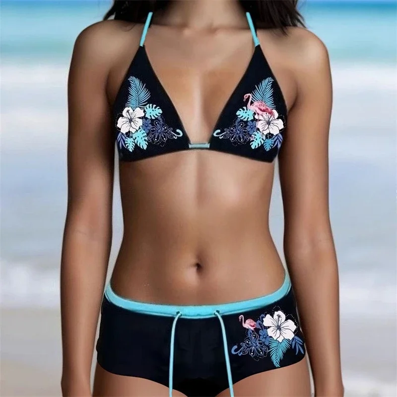 

Винтажный цветочный узор Y2k, комплект бикини, женский купальник с лямкой на шее, треугольные шорты на шнуровке, сексуальное бикини 2025, новый шикарный разделенный купальный костюм