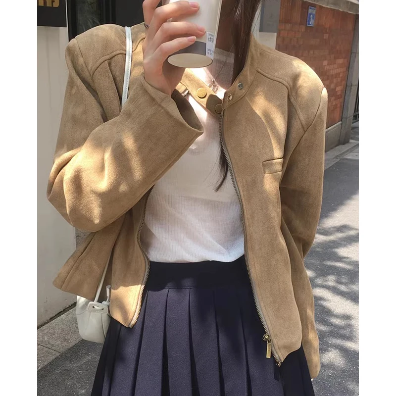 أنيقة الأمريكية الرجعية الوقوف طوق فو الجلد المدبوغ طويلة Sve فضفاضة المرأة السائق Jaet معطف تخفيف Sle طول منتظم سستة