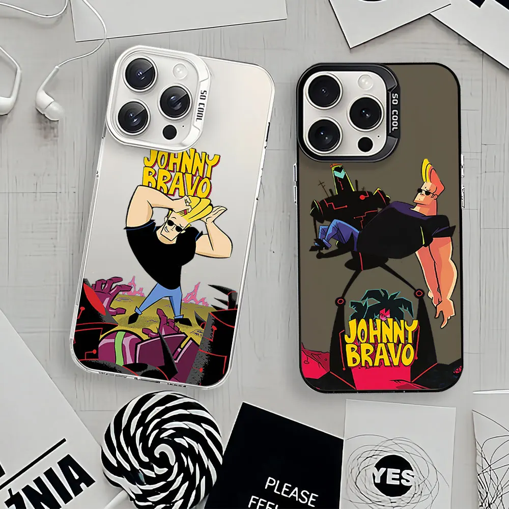 J-Johnny Bravo Cartoon Laser Phone Case for iPhone 12 11 13 14 15 16 Max Pro Plus IMD Shockproof Silicone Coque