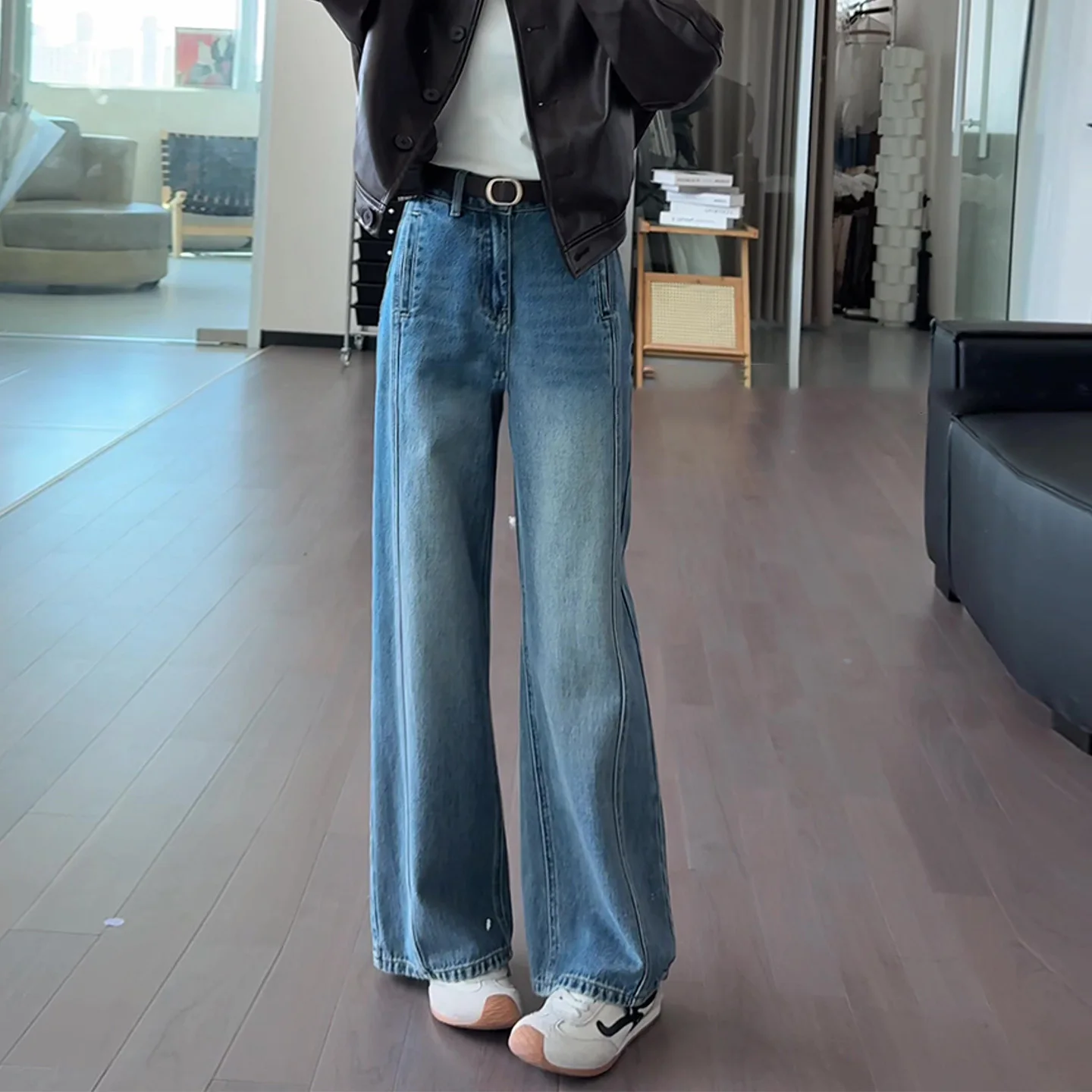 Retro High Waist Straight Leg Blue Jeans Women's New Style Slimming Small Size Wide Leg Pants Thickened Autumn New Arrival