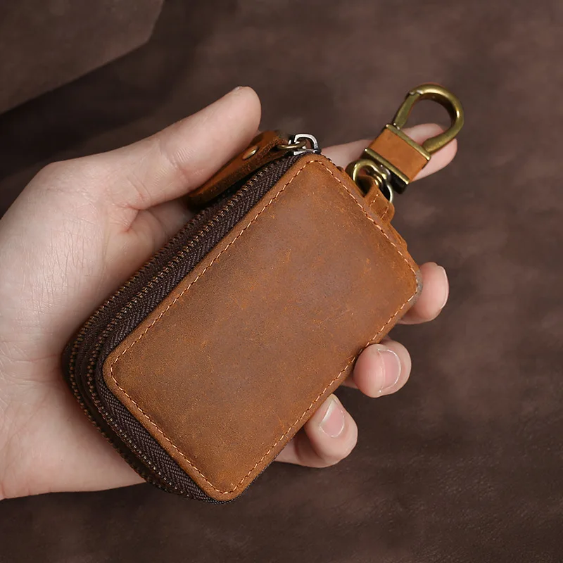 General Motors key case, multi-functional double zipper top layer cowhide key case, waist hang for men and women
