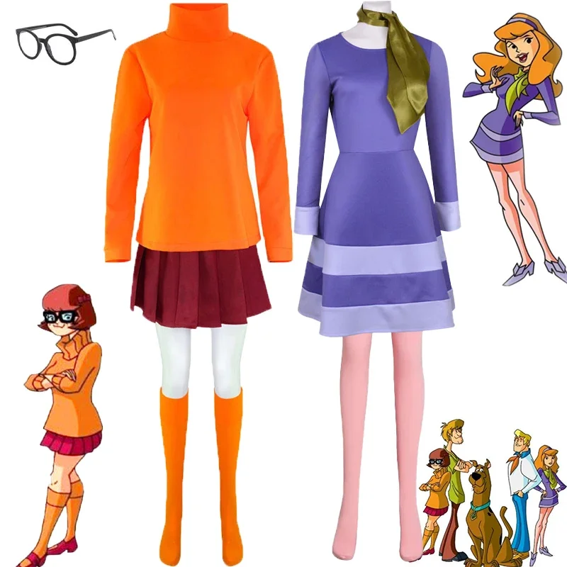 Anime Velma Daphne Blake Cosplay Costume Shaggy Scooby Skirt Uniform Dress Socks Glasses Full Sets Halloween Party Outfit Women