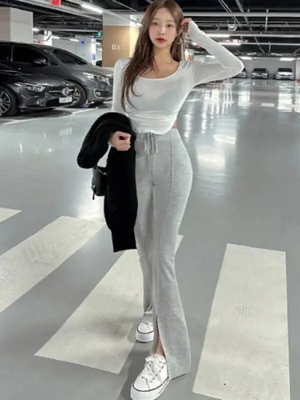 2026 Spring/autumn Korean Version New High Waisted Casual Pants Women Solid Slim Slit Versatile Micro Flared Pants ZZEU