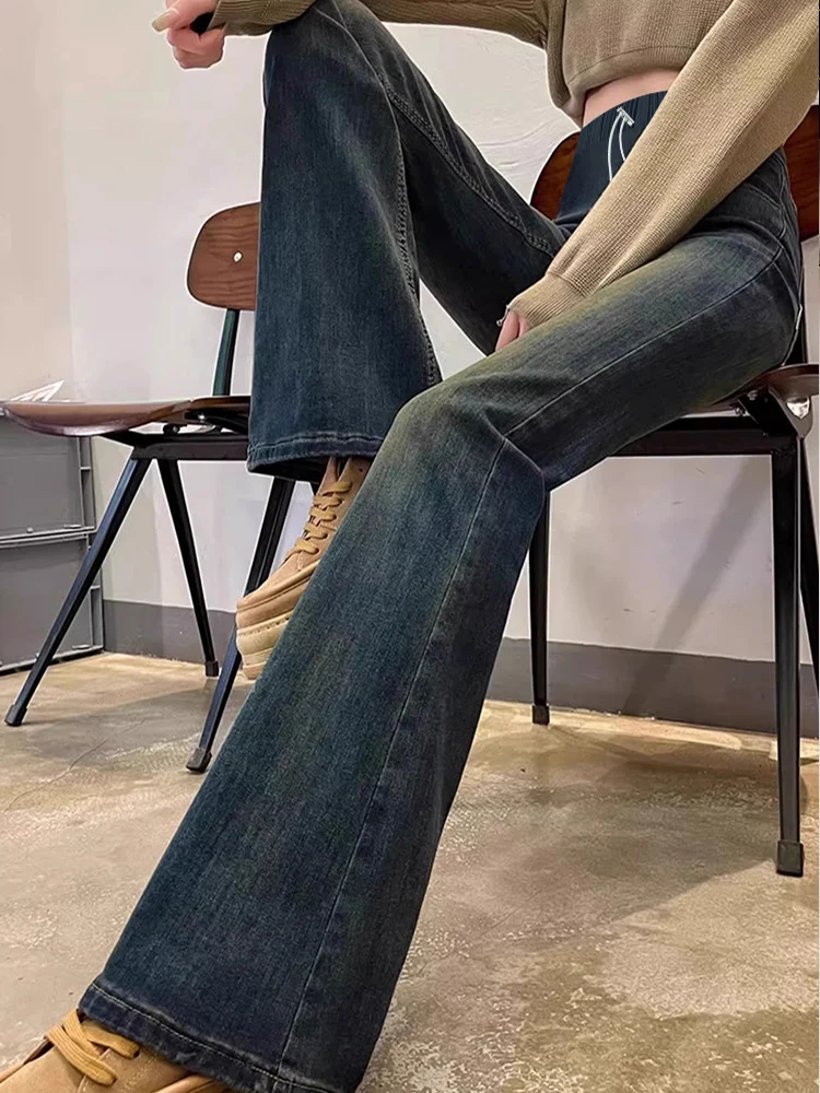Pregnancy Flared Denim Pants Maternity Belly Support Jeans Drawstring Elastic Waist Pockets Casual Trousers Spring Autumn YK415