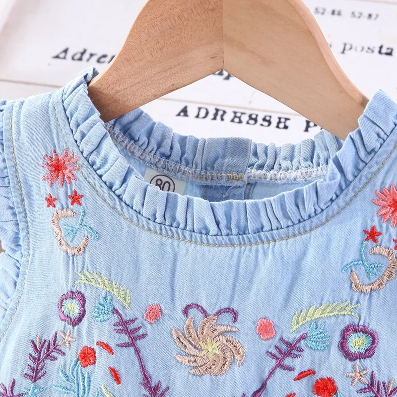 Girl Denim Dress Fashion Kids\' Embroidered Sleeveless Vest Dress For Little Girls Dresses Boutique Outfits 2-7 Years Old