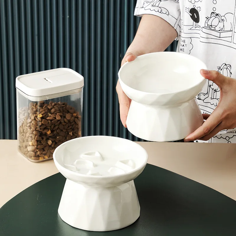 

Керамические миски для медленной еды на высоких ножках для домашних животных, защита шейных позвонков, тарелка для питья, миска для кошек, товары для домашних животных, 1 шт.