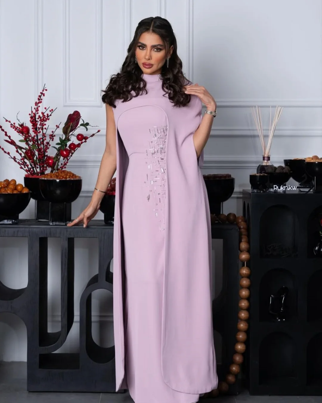 

Customized Sheath Sleeveless Evening Dresses High Neck Pleated Beadings Floor Length Prom Dresses Party Dresses