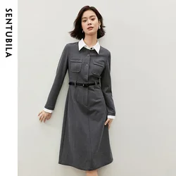 SENTUBILA Patchwork Knitted Dress For Women 2024 Winter Straight Sashes Turn Down Collar Knee-length Long Dress 144L57047