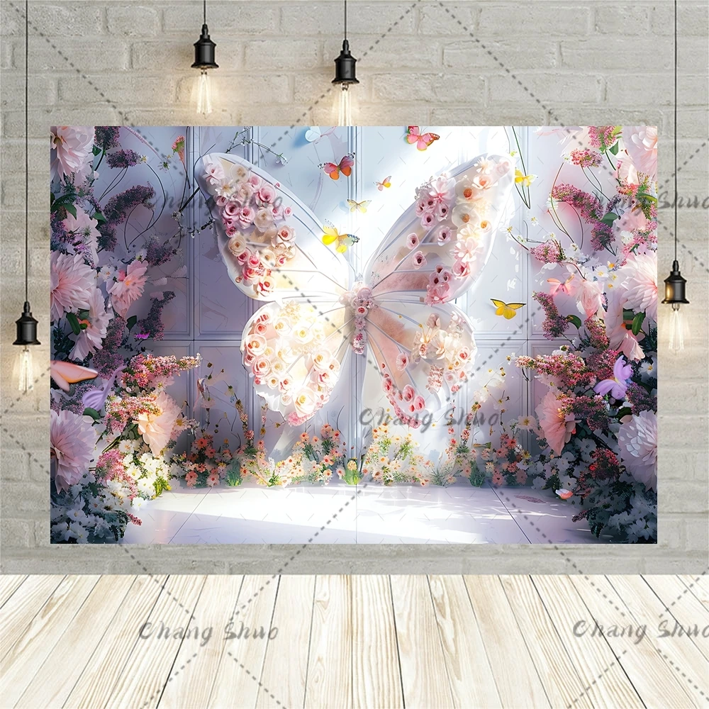 Dreamy Butterfly Background Cloth Photography Custom Baby Baptism Studio Props Pink Flowers Decoration Girl First Birthday Party