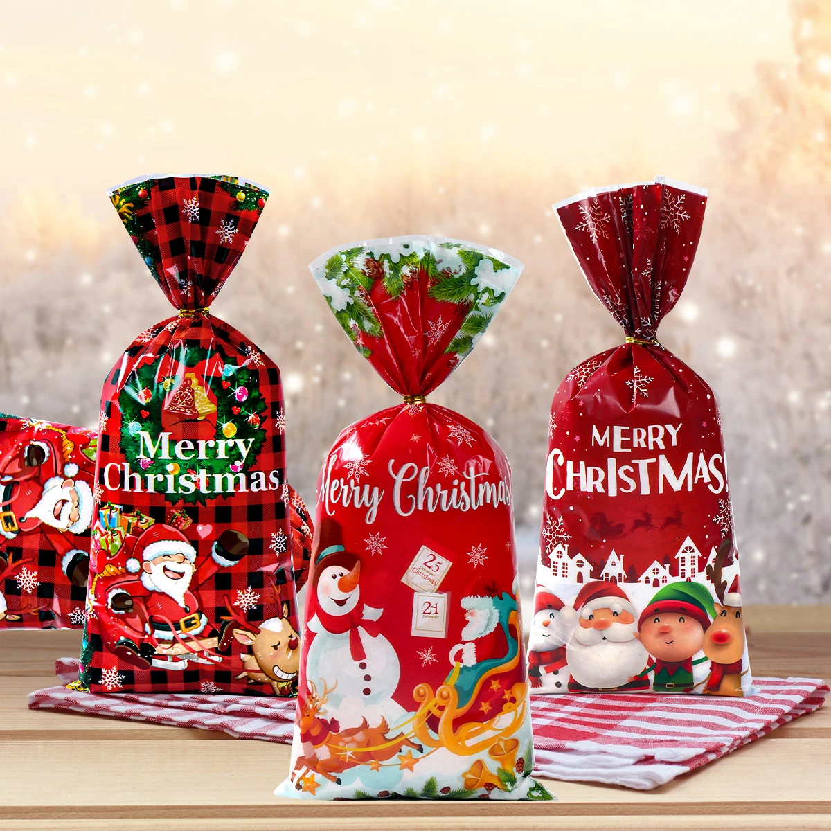 25/50/100pcs Christmas Candy Bags With Rope Cookie Biscuit Package Christmas Decoration 2024 Gift Bag for Kids Party Supplies