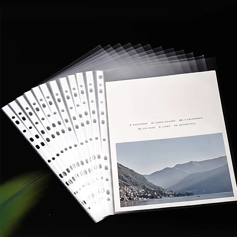 

100Pcs A4 11 Holes Loose Leaf Plastic Punched Pockets Folders Documents Sheet Protectors Filing Transparent Folder Bag
