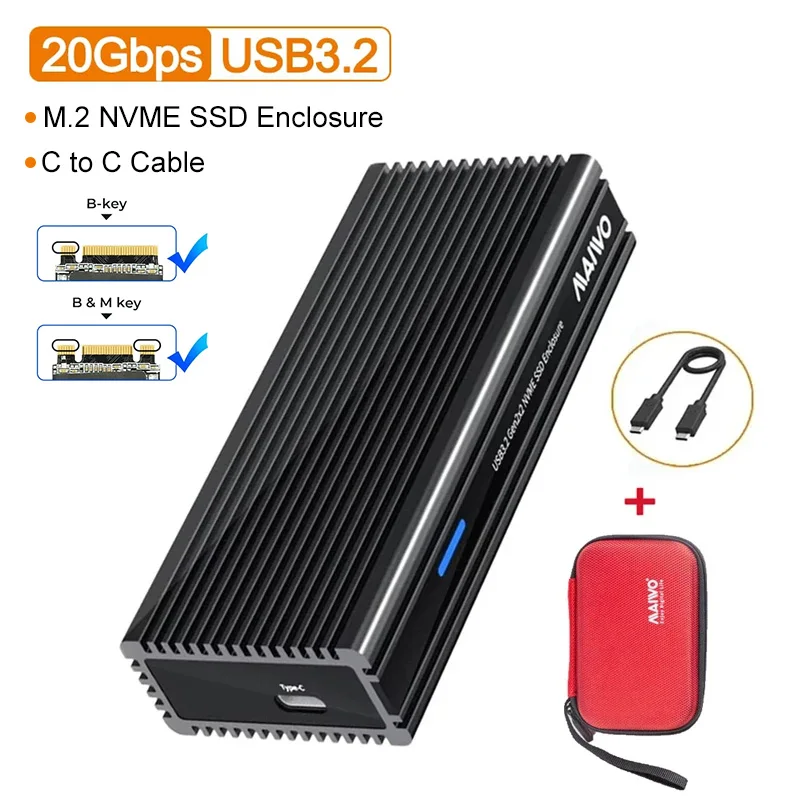 MAIWO 20Gbps NVMe SSD behuizing SSD enclosure M.2 naar USB SSD adapter voor M.2 NVME PCIe met ingebouwde koeling aluminium behuizing