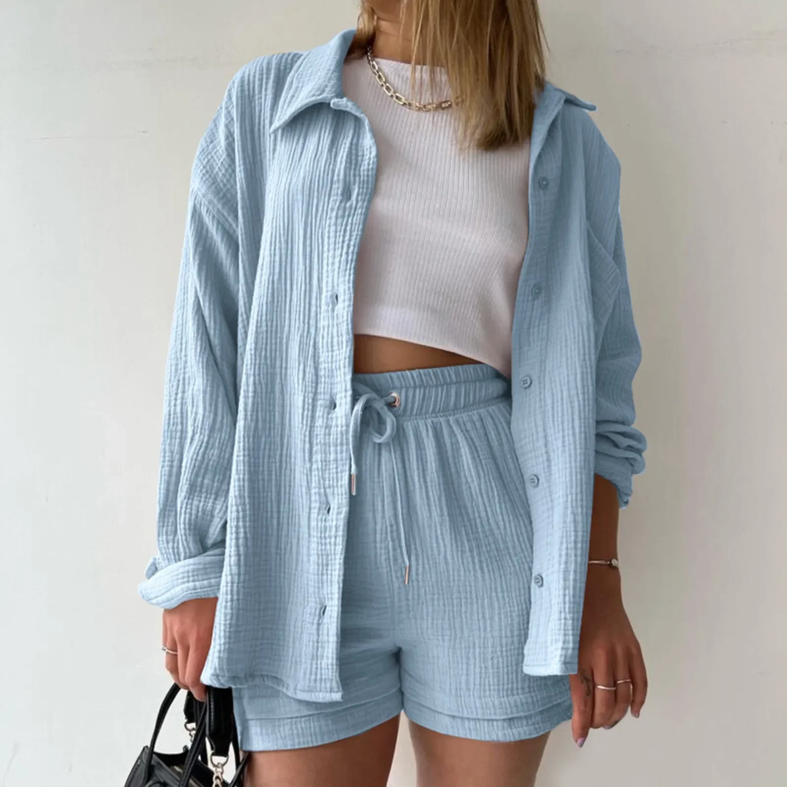 Solid Pleated Two Piece Set Pajamas For Women Summer Two Piece Suit Sleepwear Long Sleeve Short Sets Fashion Button Outfits Suit