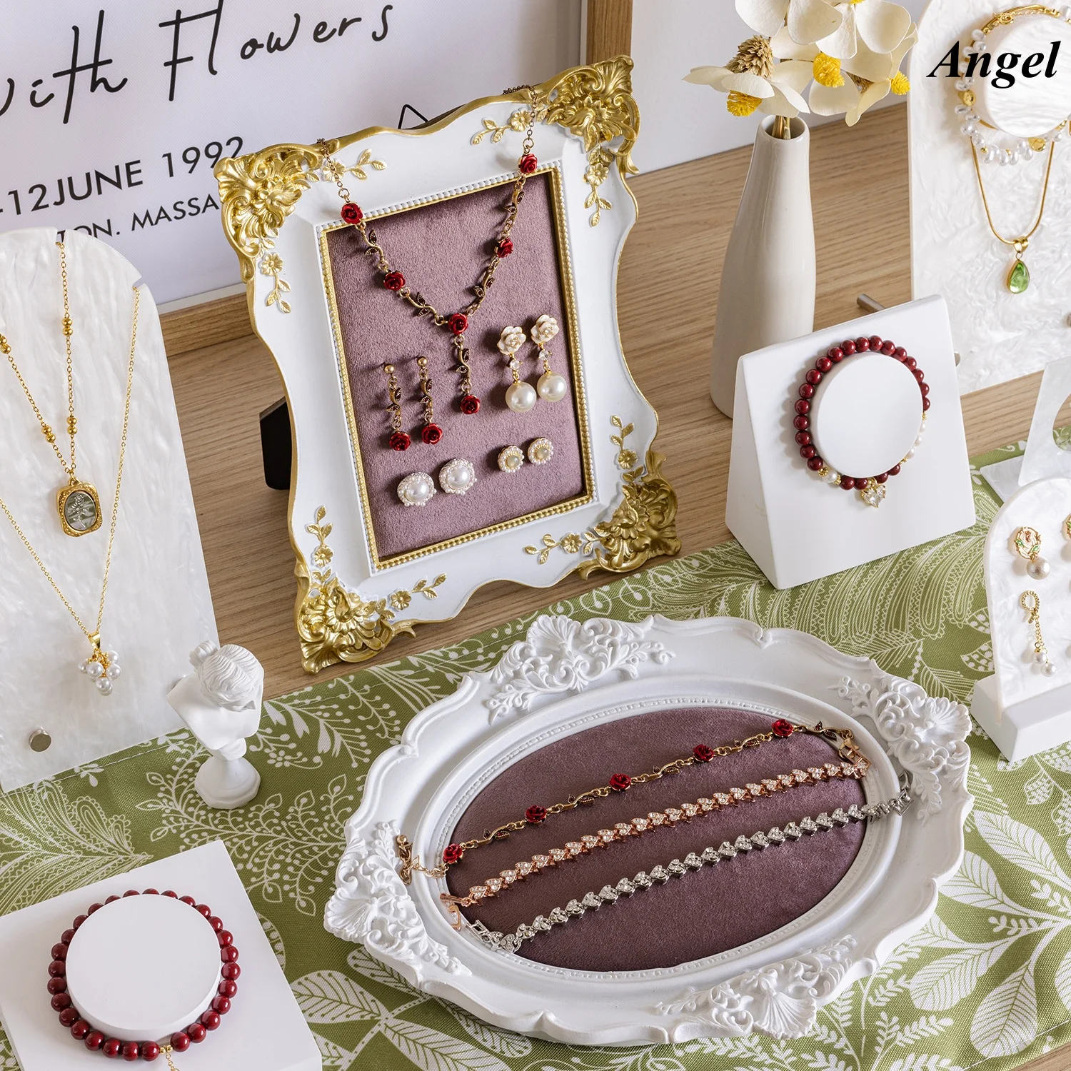 

French Style Purple Velvet Jewelry Display Stand, Gold Edge White Frame Earring Holder Organizer, Soft Pouch Photo Prop Tray for