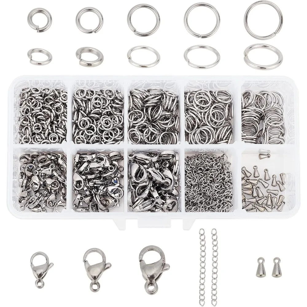 

1Box 830pcs Jewelry Making Findings Stainless Steel 680pcs 5 Styles Jump Rings 90pcs 3 Styles Lobster Claw Clasps 30pcs 40mm