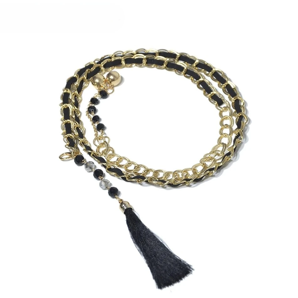 

Fashion Women Chain Belts Tassel Rhinestone Thin Belts for Dresses Female Black Gold Bead Elegant French Ladies Waist Belt