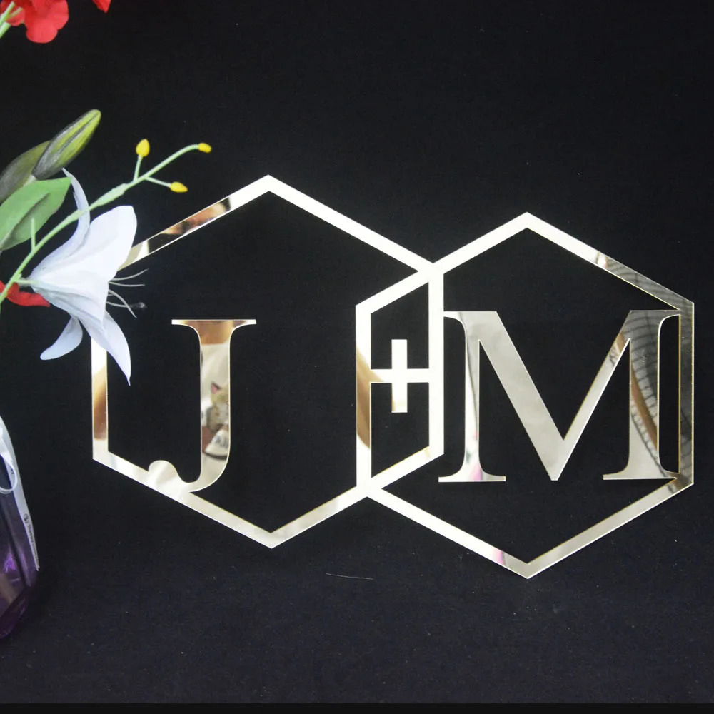 Custom Bride and Groom Geometric Initials Name Sign Wedding Party Decoration Acrylic Mirror Gold Silver Black White Wall Hanging