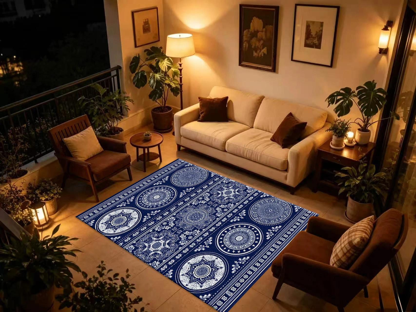 Blue White Mandala Border Carpet Flooring Ethnic Printed Floor Mat for Indoor Household Decor
