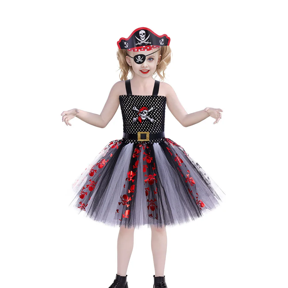 New Pirate Tutu Dress Children's Halloween Skull Mesh Princess Dress Girl Party Fancy Dress Hat + Eye patch + Candy Bag Full Set