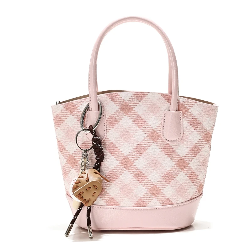 Spring Trend Pink Check Pattern Women's Small Bucket Handbag Sweet Girls Fashionable Single Shoulder Bag Crossbody PU Material