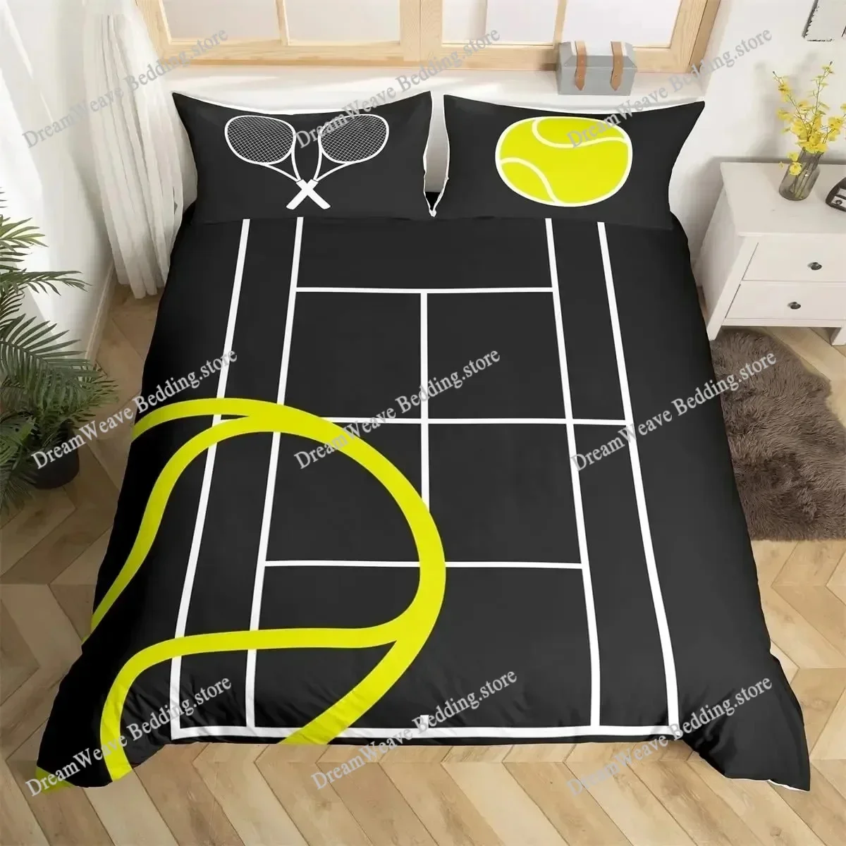 3D Tennis Bedding Set Full Size Sports Theme Comforter Cover Tennis Ball Games Yellow Duvet Cover  Black White Quilt Cover963