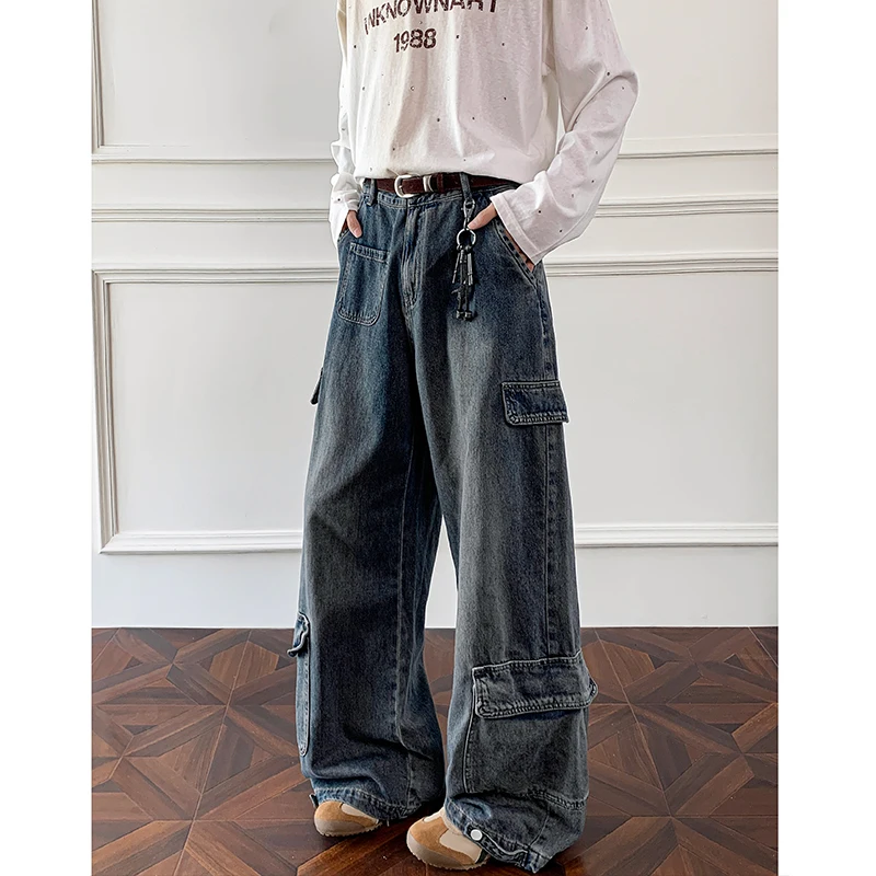 Men Workwear Cargo Jeans New Multi Pocket Loose Straight Leg Baggy Streetwear Denim Pants Urban Casual Trousers 2025 Autumn