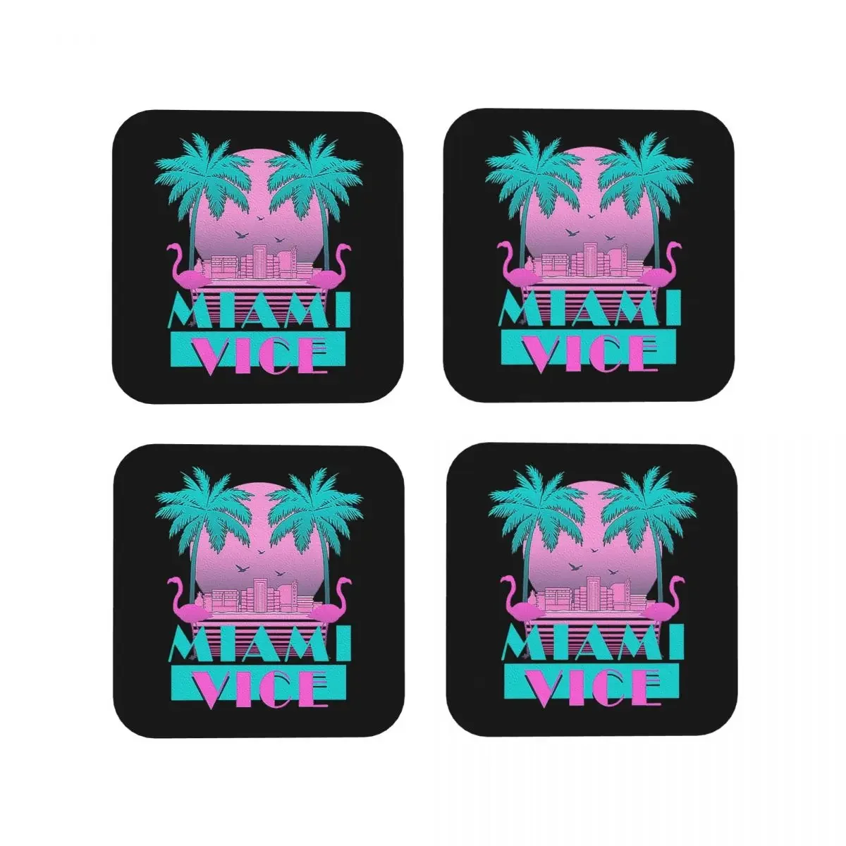 Miami Vice - Retro 80s Design Coasters Kitchen Placemats Waterproof Insulation Cup Coffee Mats For Home Tableware Pads Set of 4