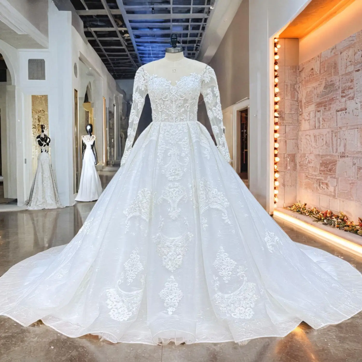 

New Arrival O-Neck Long Sleeve Ball Gown Wedding Dresses Pearls Button Back Classic Vestido De Novia Sequined Appliques Gelinlik