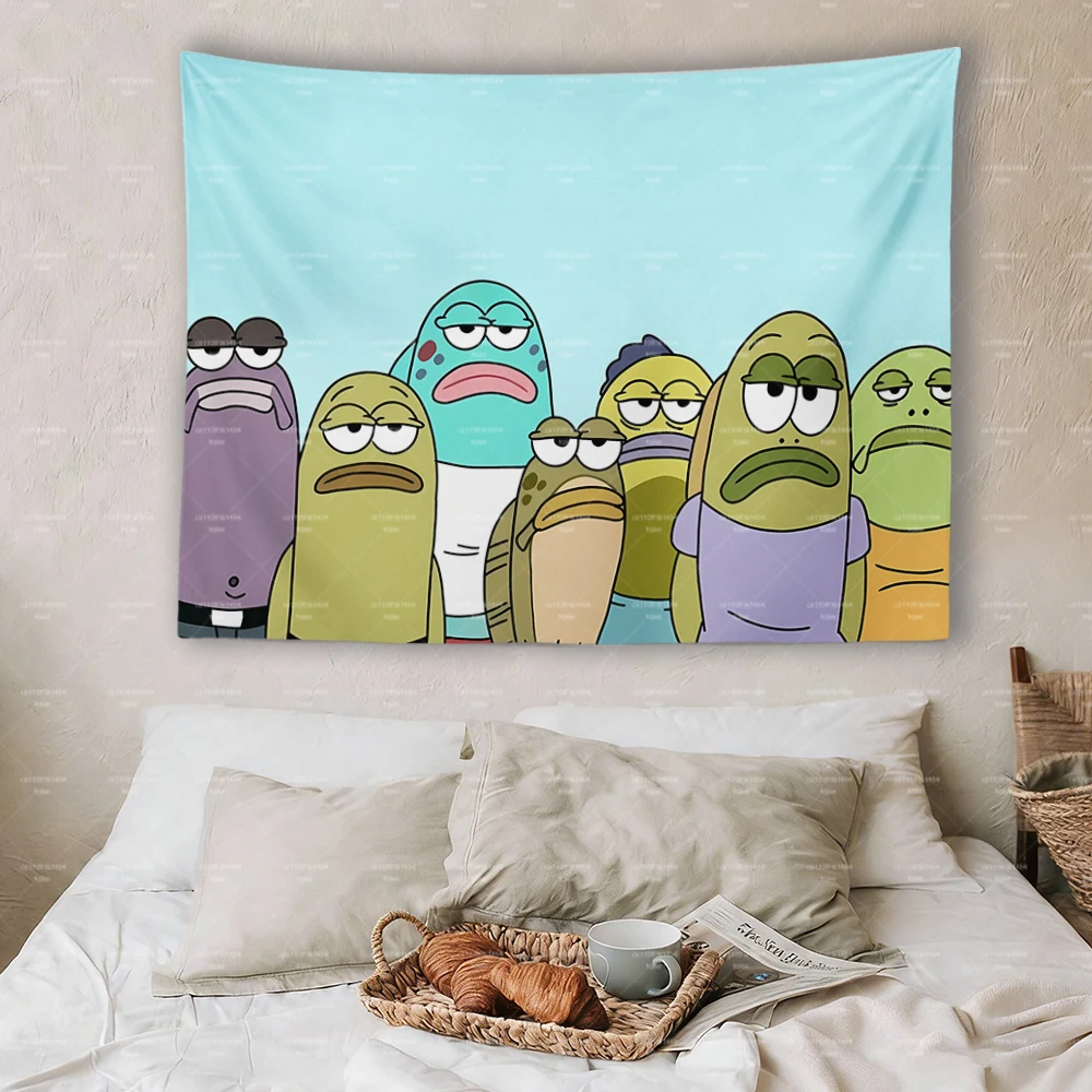 S-SpongeBob Bikini Bottom Fish Crowd Tapestry, Funny Incidental Fish Meme Cartoon Wall Hanging Bedroom Dorm Decor