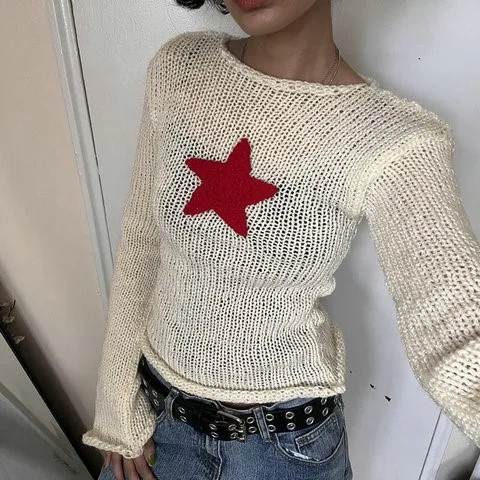 Winter New Fashion Women's Short Sleeveless T-shirt Long Sleeve Sweater Bell Sleeve Striped Color Contrast Five-pointed Star ... view 2