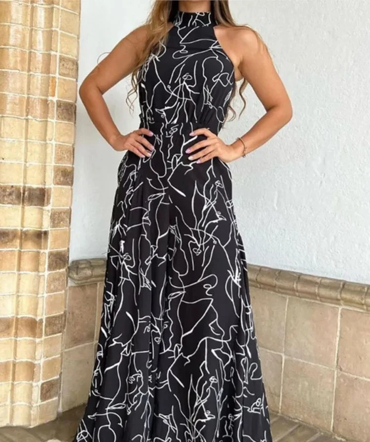 

Elegant Women Chic Printed Jumpsuit New Fashion Halter Neck Leace-up Office Lady Commuting High Waist Wide Leg Pants