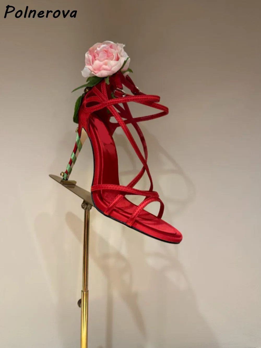 Rose Floral Decor Multi Strap Sandals Women Open Toe Ankle Buckle Stiletto Heel Wedding Evening Shoes Rose Summer Sweet Shoes