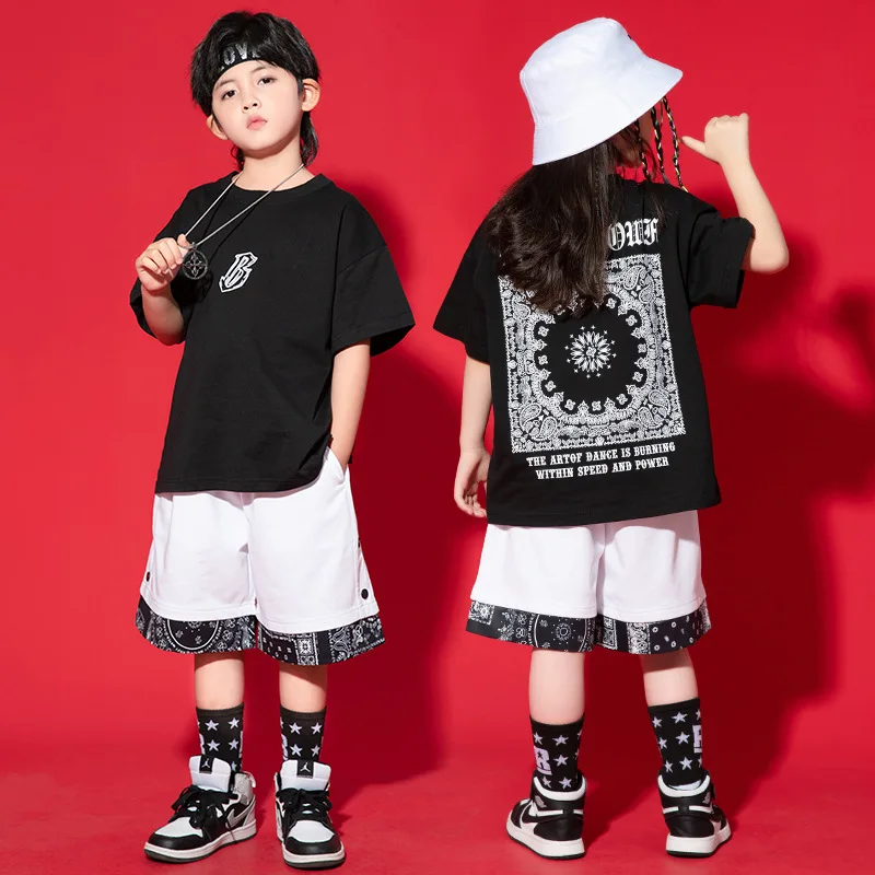 Zomer Kinderen Hiphop Kleding Wit Zwart Katoen T-Shirt Top Losse Korte Broek Tienerjongen Jazz Dans Kostuum Street Wear